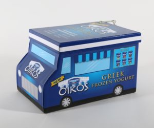 Custom promotional kit shaped like a blue delivery truck for Oikos Greek frozen yogurt