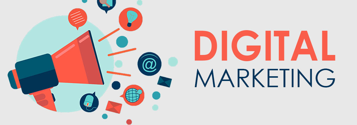 White banner that says digital marketing in red and blue lettering with a cartoon style red and blue loudspeaker with marketing designs around it