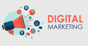 White banner that says digital marketing in red and blue lettering with a cartoon style red and blue loudspeaker with marketing designs around it