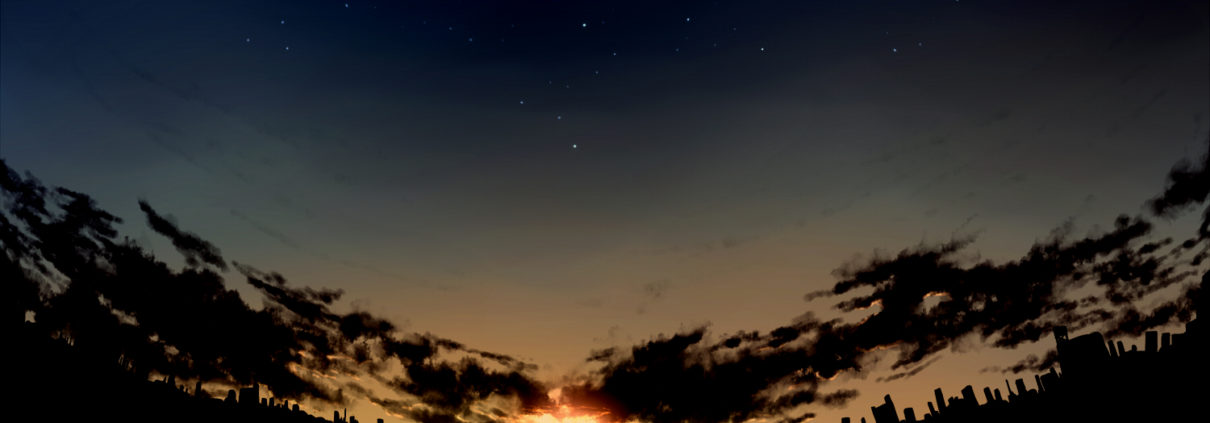 A fisheye style photo of the night sky with stars, clouds and the sun setting