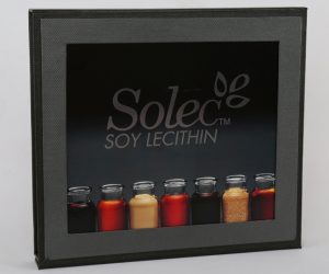 Black and grey product sample mailer box for Solec ingredients with a picture of ingredients on the front