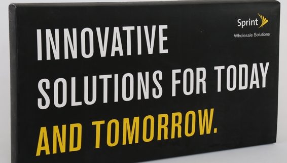 Black product introduction box for Sprint with white and yellow writing that says innovative solutions for today and tomorrow