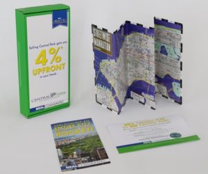 Green and white incentive kit for a real estate company in Manhattan next to a map of the city and brochures