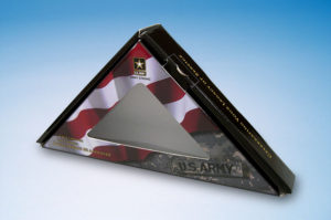 US Army triangle shaped window mailer for the US Flag with a picture of a US Army uniform in one corner and the US flag on the rest of it