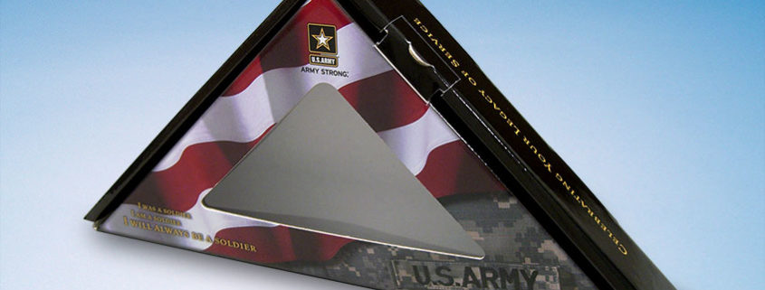 US Army triangle shaped window mailer for the US Flag with a picture of a US Army uniform in one corner and the US flag on the rest of it