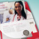 White and red direct mailer for healthcare information with a tabbed booklet insert and a picture on the top of a nurse with a patient in bed in the background