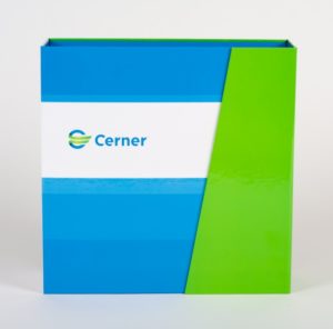 Customized blue, white and green turned edge binder