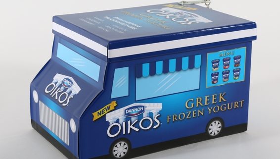 Custom promotional kit shaped like a blue delivery truck for Oikos Greek frozen yogurt