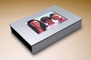 Custom light grey turned edge sleeve with photo insert on the top