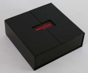 Black display sample box customized with red logo on the front