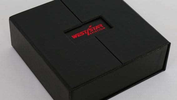 Black display sample box customized with red logo on the front