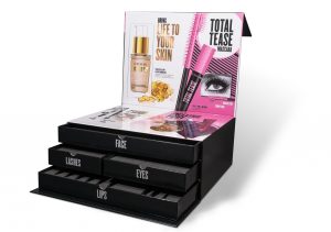 Custom product kit for makeup with black pull out draws for different makeup samples and custom branding on the inside lid