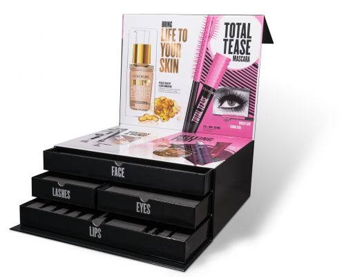 Custom product kit for makeup with black pull out draws for different makeup samples and custom branding on the inside lid