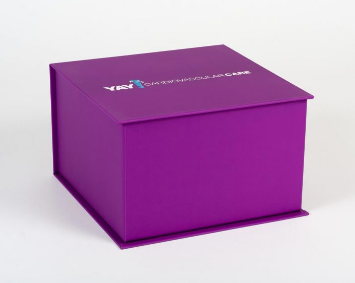 Dark purple turned edge promotional custom box for a medical company