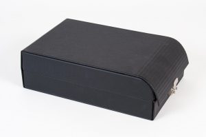 Luxury black turned edge box with silver clasp and a white background