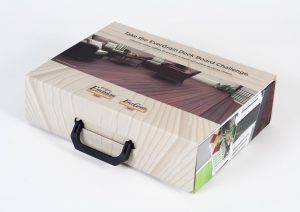 Sample kit customized for deck board care with black handle, cream colored, wood style design and a picture of a manicured deck on the top