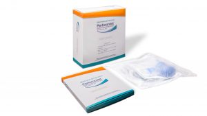 Promotional starter kit for medical company, with white, orange and green box, pamphlet and product sample