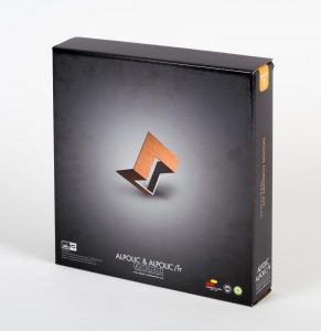 Dark grey direct mailer box that says design concept kit on the side and has modern style mini sculpture pictured on the front