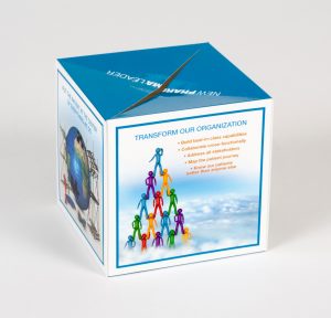 3D cube shaped mailer package with blue top and information and pictures on the sides.