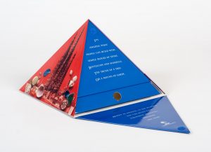 Custom presentation and sales kit folded as a pyramid with velcro tab to keep it shut