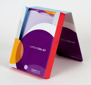 Custom product mailer with purple, orange and red colors and dividers with tabs on the inside