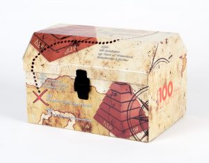 Custom treasure chest welcome kit box for a sorority with a map design commemorating the 100 year anniversary of the Women's Suffrage March