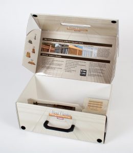 Custom sample kit opened with instructions for different wooden patio finishes and informational brochures on the inside