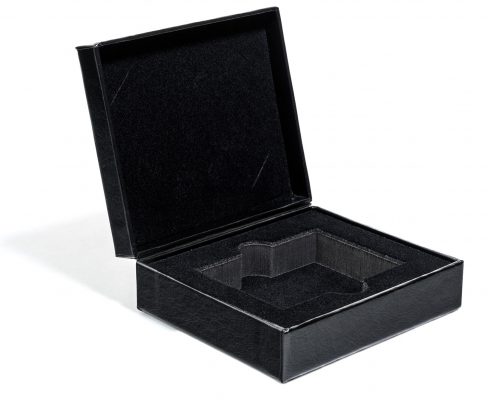 Custom black cigar box, opened with black velvet lining on the inside