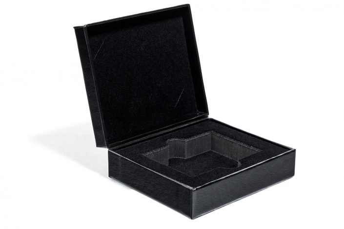 Custom black cigar box, opened with black velvet lining on the inside
