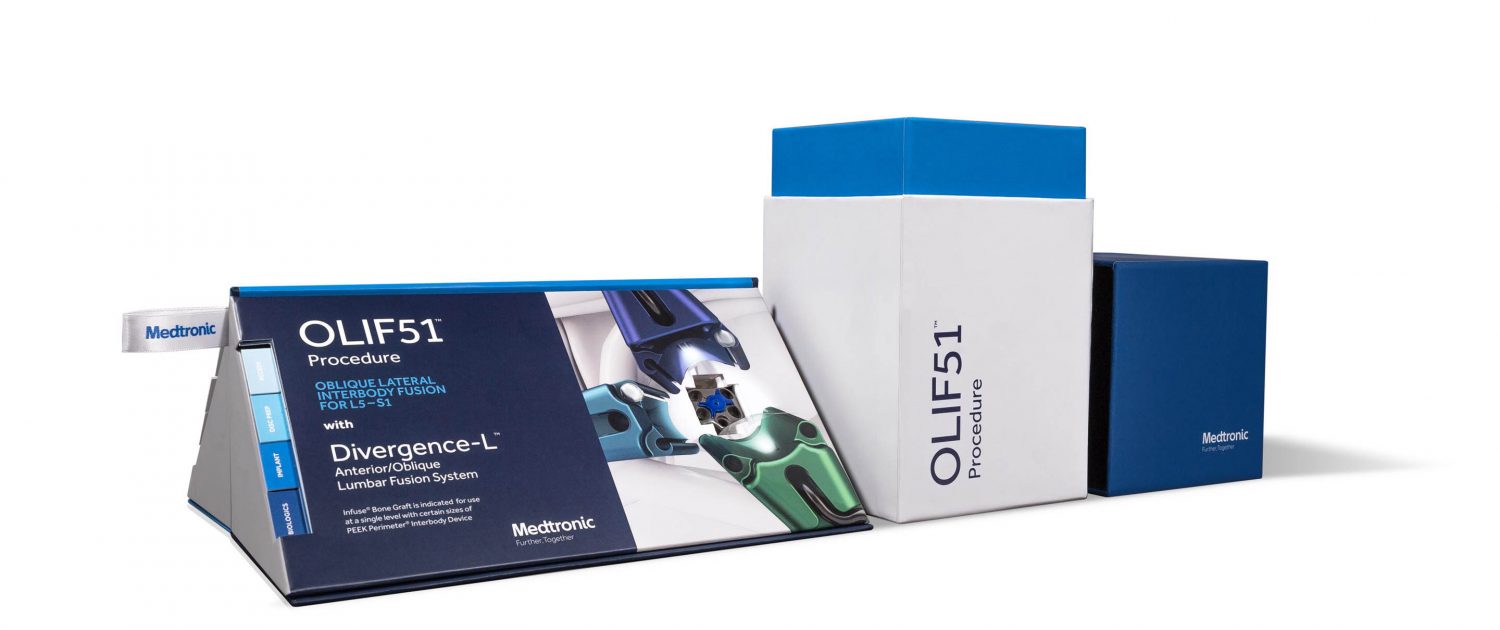 turned edge promotional portfolio kit with blue and white box, a wide triangle shaped informational box and a dark blue smaller box all lined up