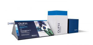 turned edge promotional portfolio kit with blue and white box, a wide triangle shaped informational box and a dark blue smaller box all lined up