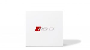 White customized welcome kit with RS 3 logo on the front