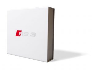 White customized welcome kit with RS 3 logo on the front