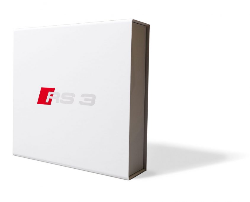 White customized welcome kit with RS 3 logo on the front