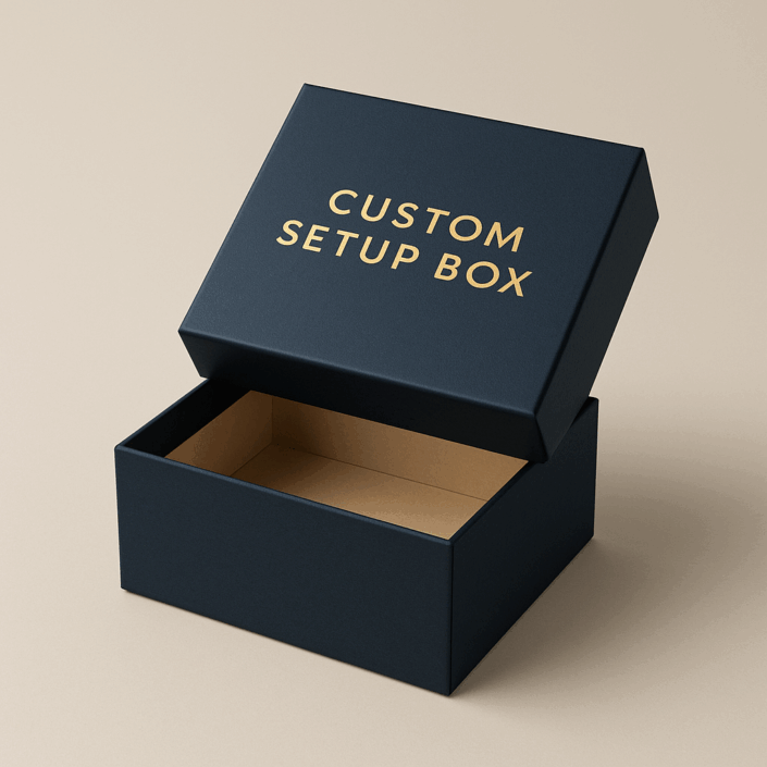 custom black setup box with gold foil stamp logo